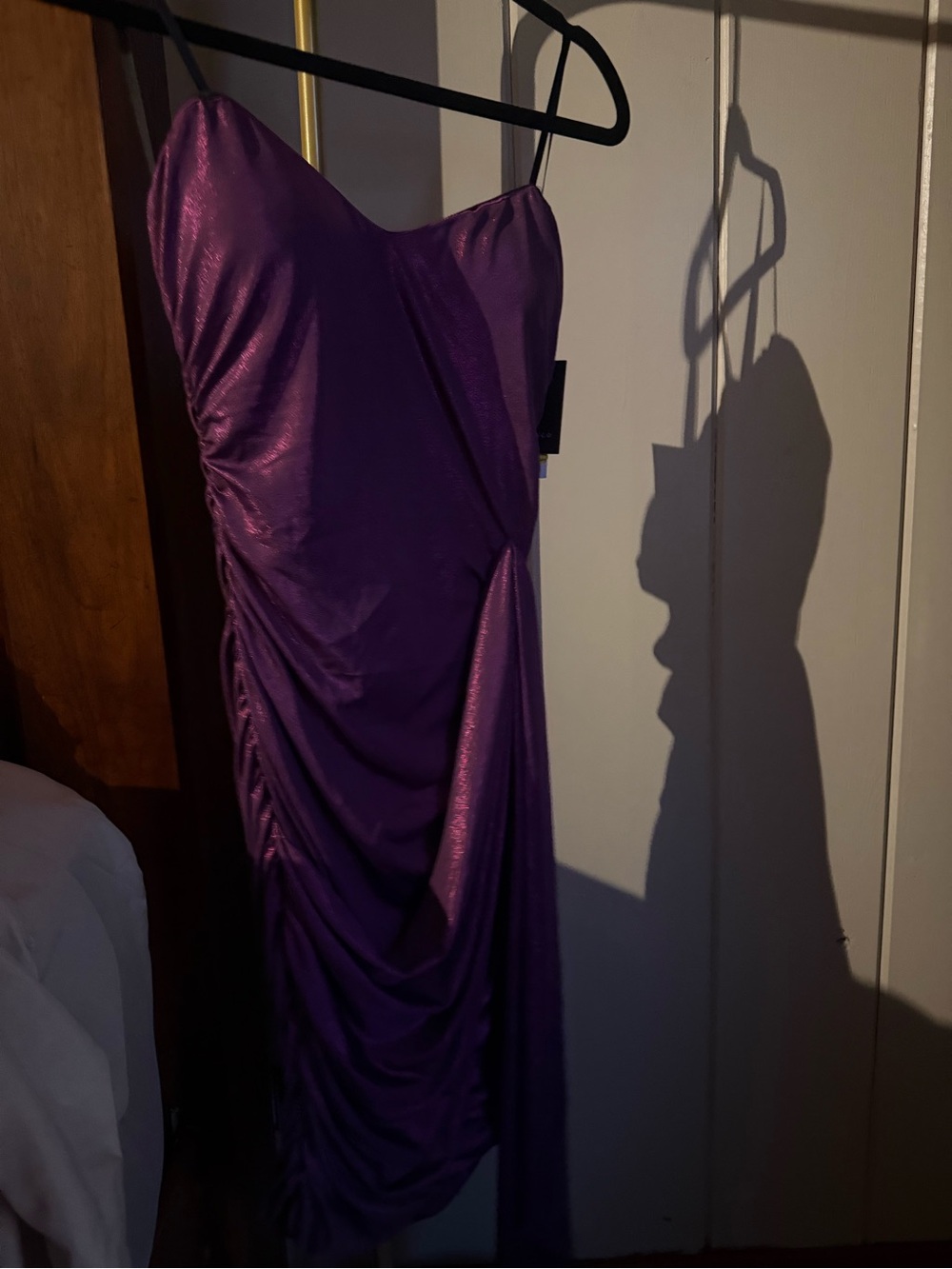 Strapless Purple Ruched Satin-Look Mini Dress